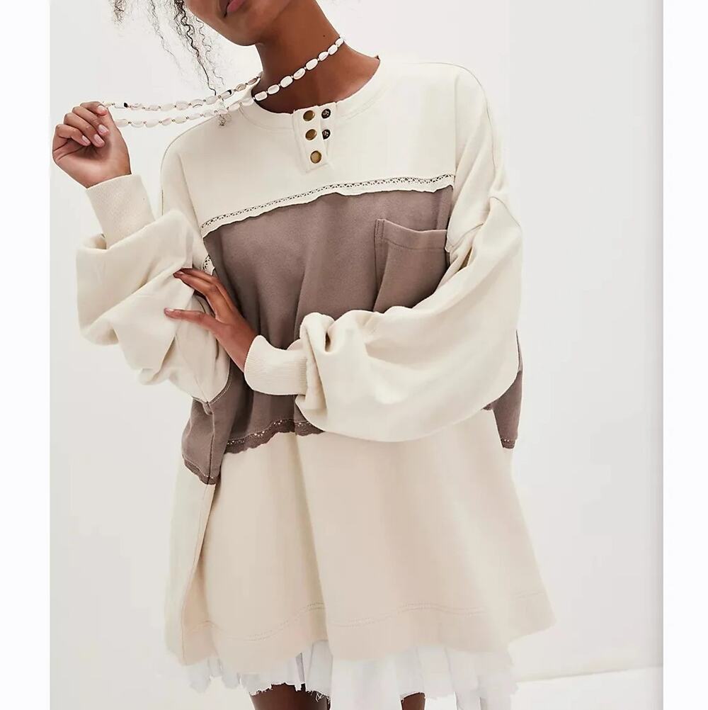 Free People Strawberry Sweatshirt Size XL Cream Brown Colorblock Henley Pullover
